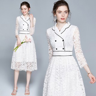 Đầm ren tay dài 3/4 cổ áo xếp xuống phong cách châu âu tinh tế