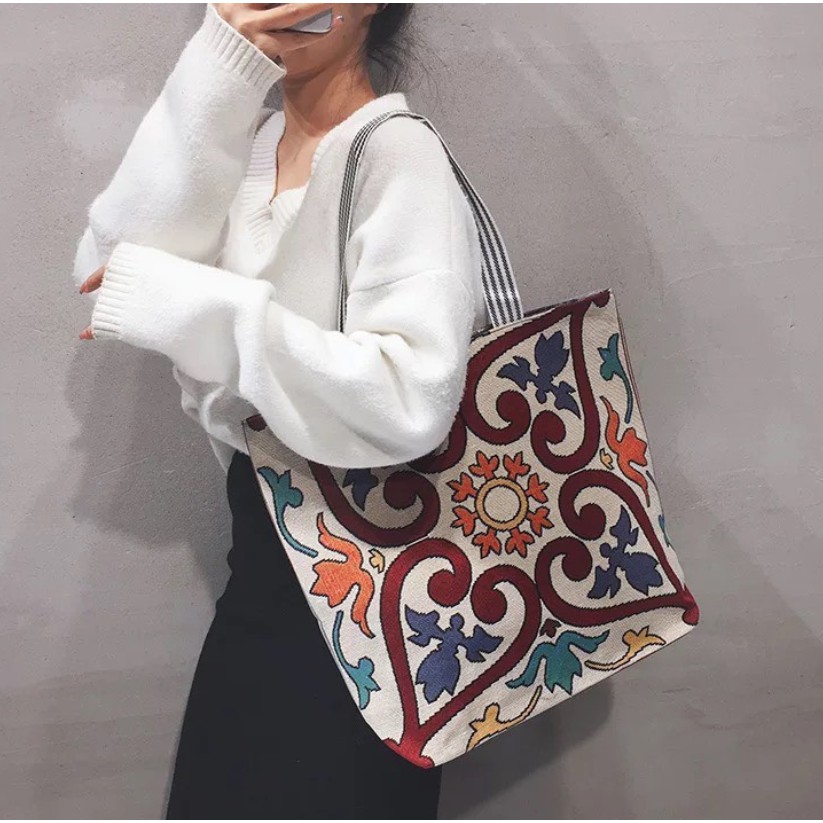 Túi tote vải canvas bao tử hoa thổ cẩm size to vừa A4 có dây kéo