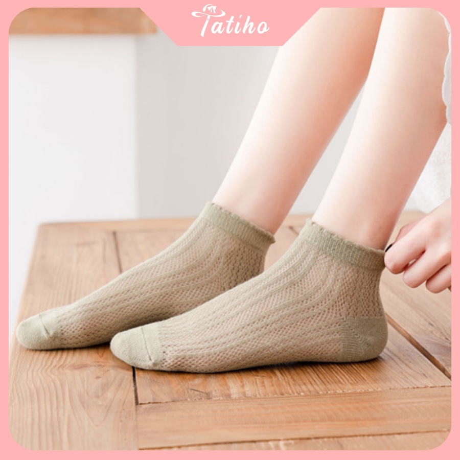 Tất Vớ Nữ Cổ Ngắn Chất Cotton Họa Tiết Trơn Phối Ren Mỏng Mềm Mại Thoáng Mát Phong Cách Hàng Quốc Dễ Thương - Mã TV013