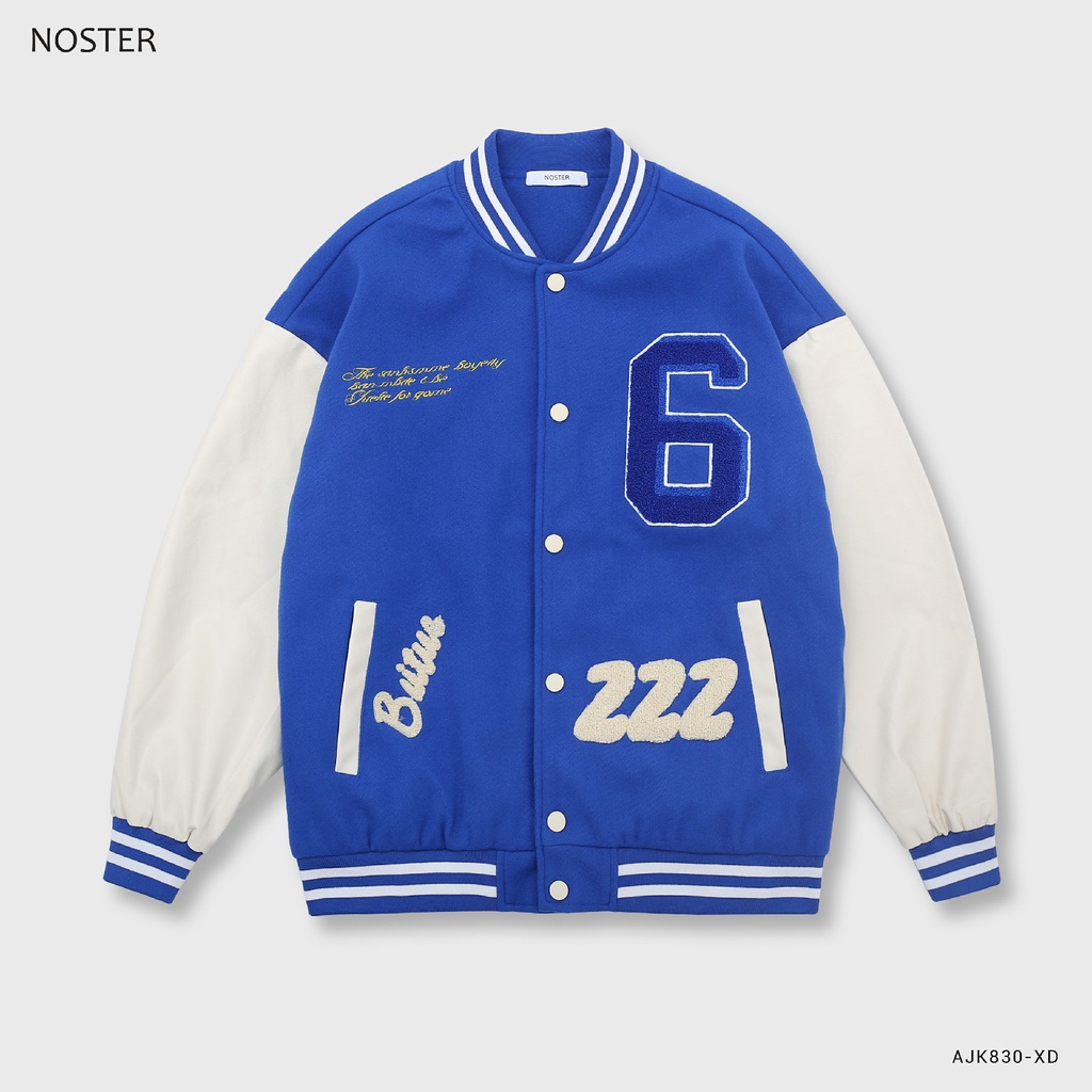 Áo khoác Bomber Varsity, chất dạ phối tay da, họa tiết thêu 6 - Thương hiệu NOSTER mã AJK830