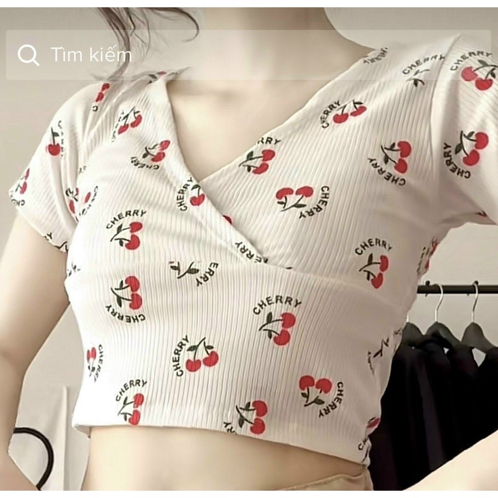 Áo croptop tay ngắn cổ V in hình quả cherry dễ thương