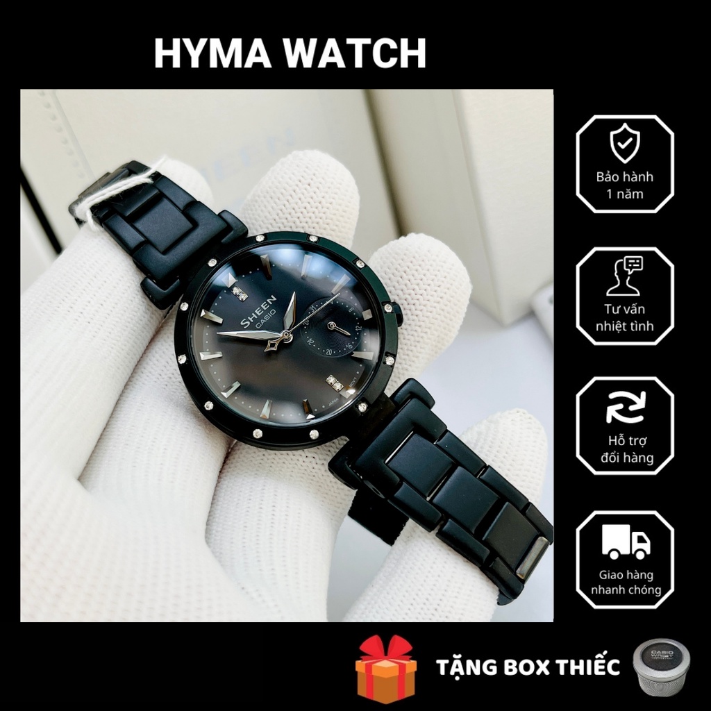 Đồng hồ nữ cao cấp Casio Sheen 4051BD Dây thép mạ ion đen mặt kính khoáng đính đá Bảo hành 1 năm Hyma watch