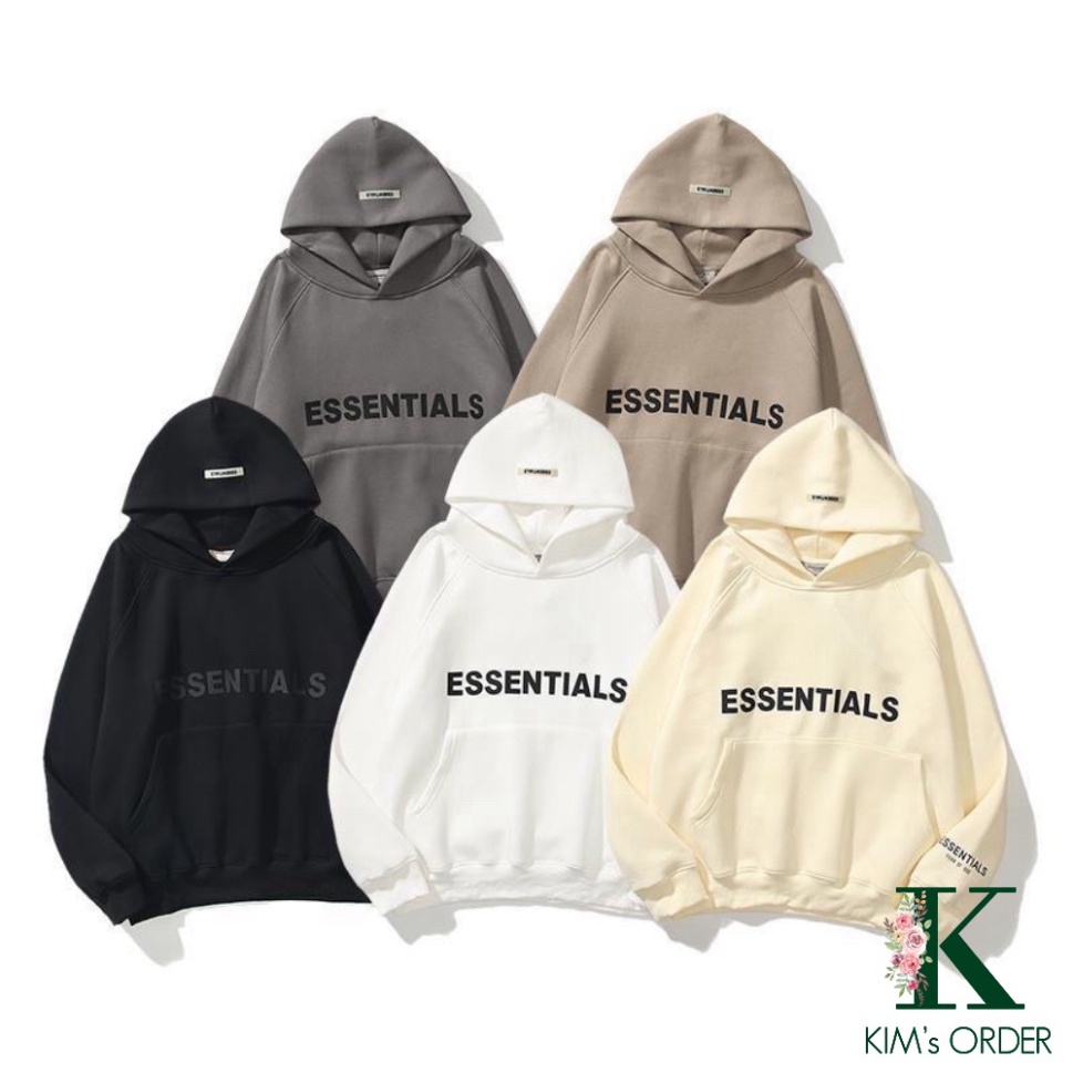 Áo hoodie Unisex chữ ESSENTIALS màu đen trắng be xám đậm chất nỉ bông có mũ dài tay phong cách Ulzzang form rộng LK1