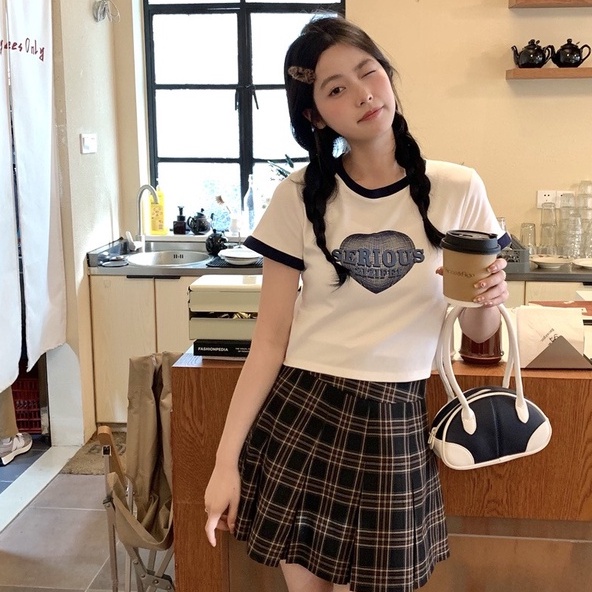 Áo thun ZHELIHANGFEI dệt kim tay ngắn thiết kế hở rốn màu sắc tương phản thời trang cho nữ