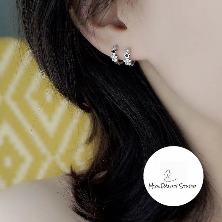 MRS.D【In Stock】100% Sterling Silver Silver Black S925 Earrings Stud Earrings Colors of Zircon Jewelry Gift Ear Clips Minimalist Earring Design Jewelry Girls Allergy Free