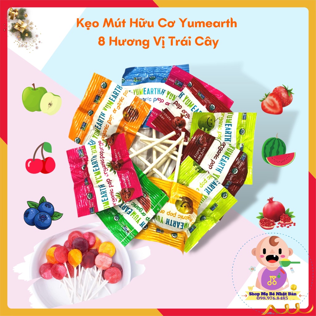 Kẹo Mút Hữu Cơ Yumearth 8 Hương Vị Trái Cây | Kẹo Organic Vị Trái Cây Cho Bé ( 8 Cây )