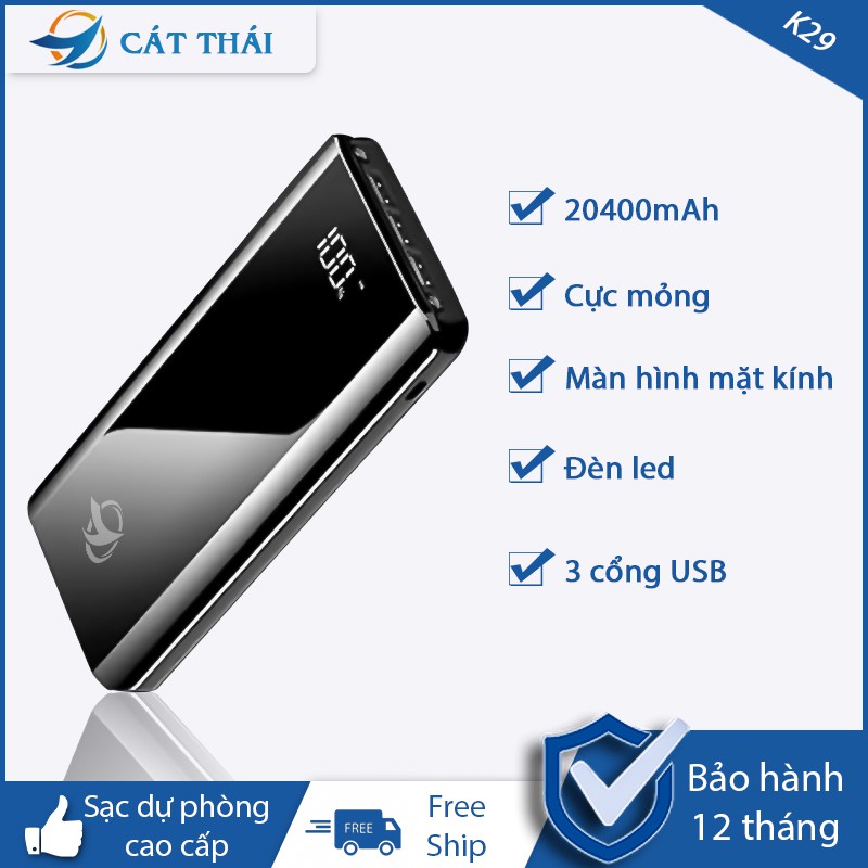 [Tặng dây sạc] Sạc dự phòng, Pin Sạc Dự Phòng CAT THAI  K29 20000mah Sạc nhanh 2A 3 cổng USB 2 đèn LED -Bh-12Tháng