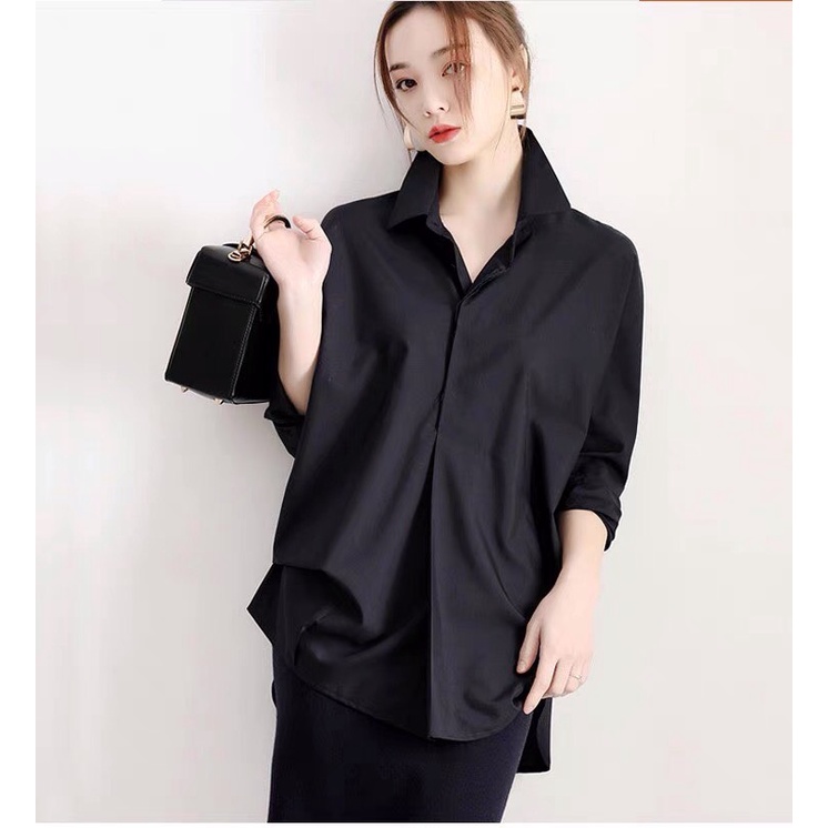 Áo Sơ Mi Nữ Form Rộng TRƠN công sở Basic Unisex Dài Tay Trắng và Đen Kiểu áo sơ mi nữ Bigsize suông Havichi