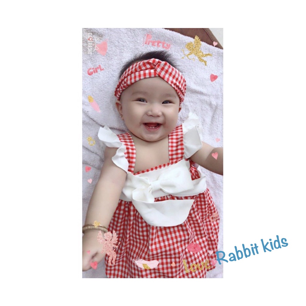 Váy Hai Dây Cho Bé Gái FREESHIP TẶNG KÈM TURBAN- Rabbit Kids- Đầm Trẻ Em 5-18kg Caro Đỏ Nơ Trắng Dễ Thương Xinh Xắn