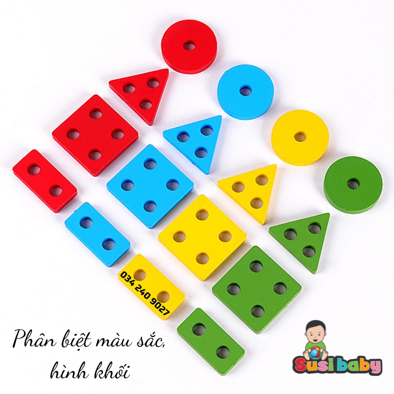 [KÈM QUÀ TẶNG] Đồ chơi gỗ thả hình khối 4 trụ hình vuông, hình chữ nhật - đồ chơi cho bé