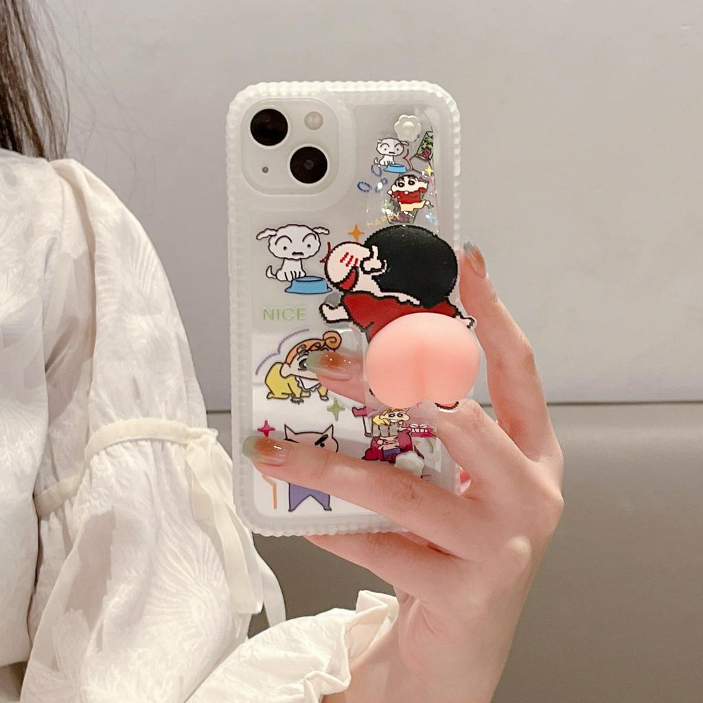 Ốp Điện Thoại Dẻo Họa Tiết Cậu Bé Bút Chì 3D Kèm Giá Đỡ Chống Sốc Cho iPhone 14Promax 14Pro 14 13 12 11