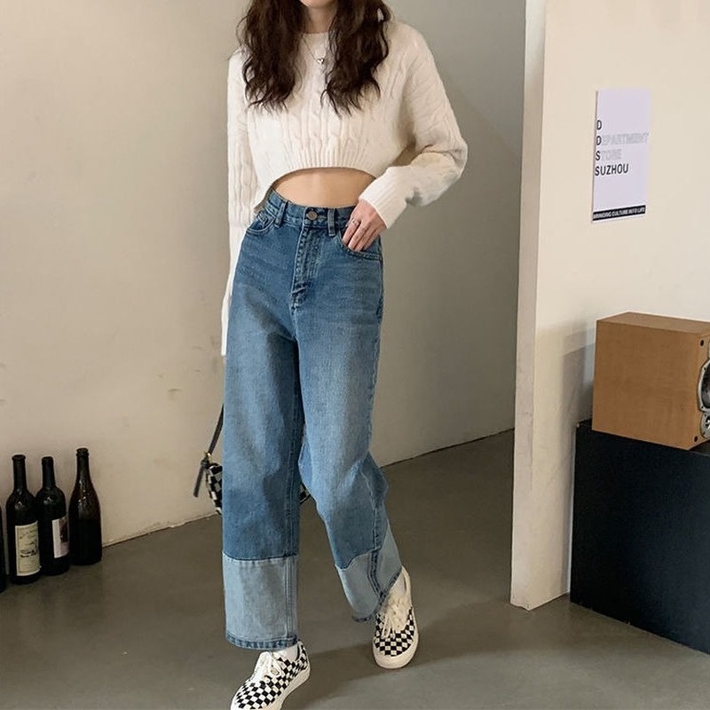 Quần jean ống rộng màu sắc tương phản thời trang thu đông cho nữ