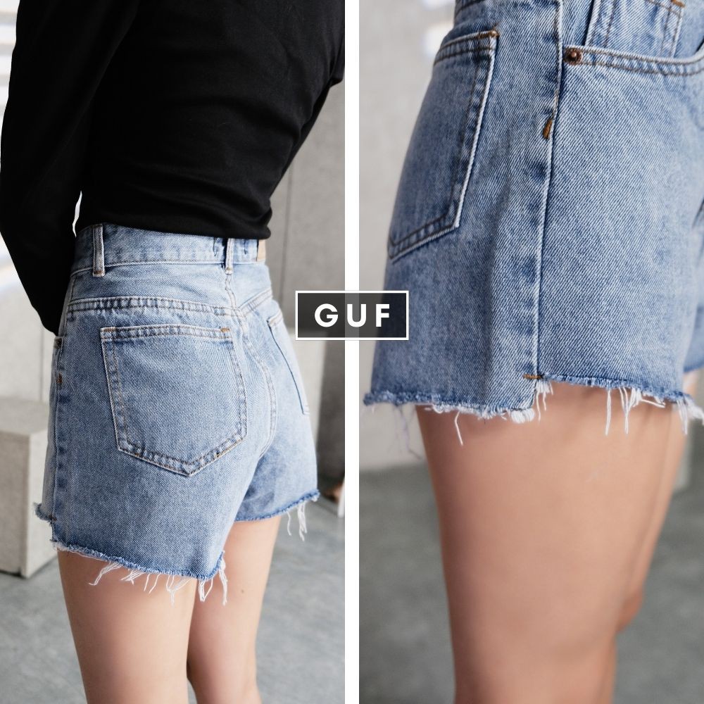 Quần Short Jean Nữ Thương Hiệu GUF Trơn Màu Xanh Chất Bò Cao Cấp Cạp Cao Dáng Rộng Chữ A | BigBuy360 - bigbuy360.vn