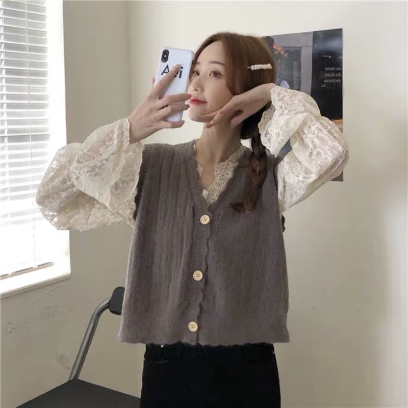 Áo gile len xốp (loại 1) viền lượn sóng cài cúc Ulzzang style🌸 Hàng Quảng Châu