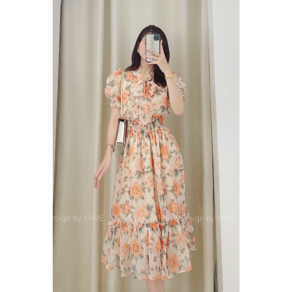 Váy đầm hoa nữ ngắn tay dáng dài cổ nơ dài chun eo Monocle cam YAME