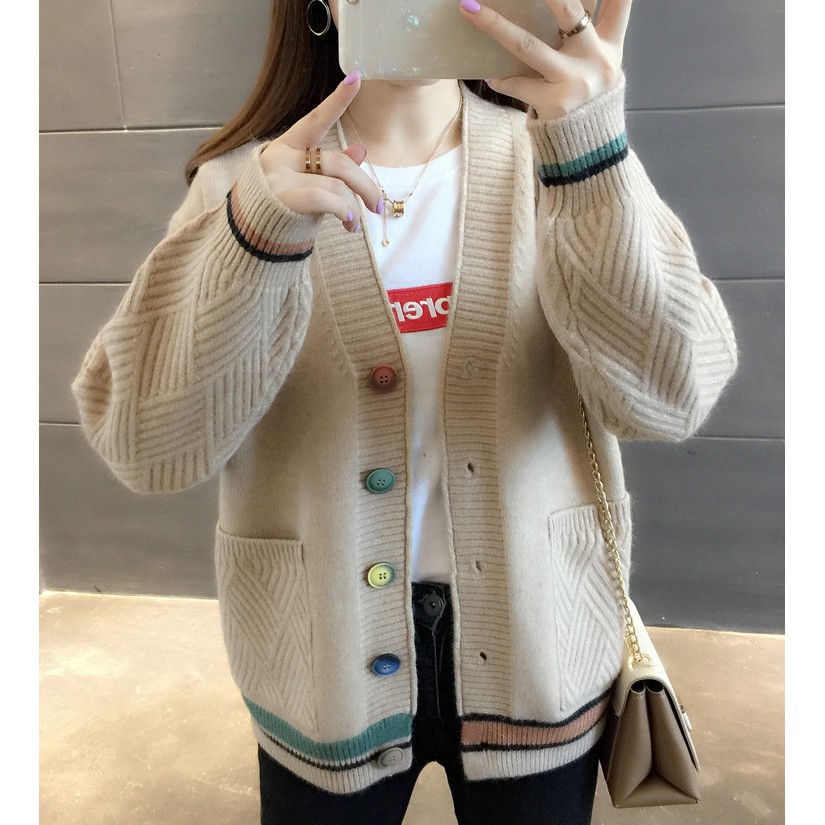 [ Mã 12FASHIONSALE1 giảm 10K đơn 50K ] Áo Khoác Cardigan Màu Trơn Cổ Chữ V Phối Nút Có Màu Phong Cách Hàn Quốc Cho Nữ