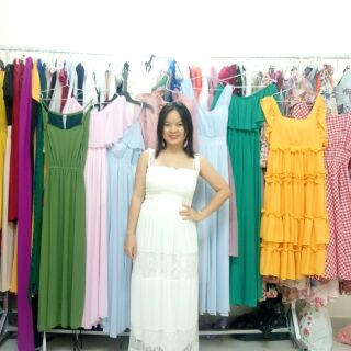Đầm maxi trắng phối ren