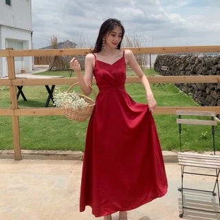 (Ảnh thật)(sẵn xanh, đỏ, kem) Váy đầm maxi 2 dây dáng dài xếp ly ngực cổ V bo chun lưng tiểu thư vintage boho nhiều màu