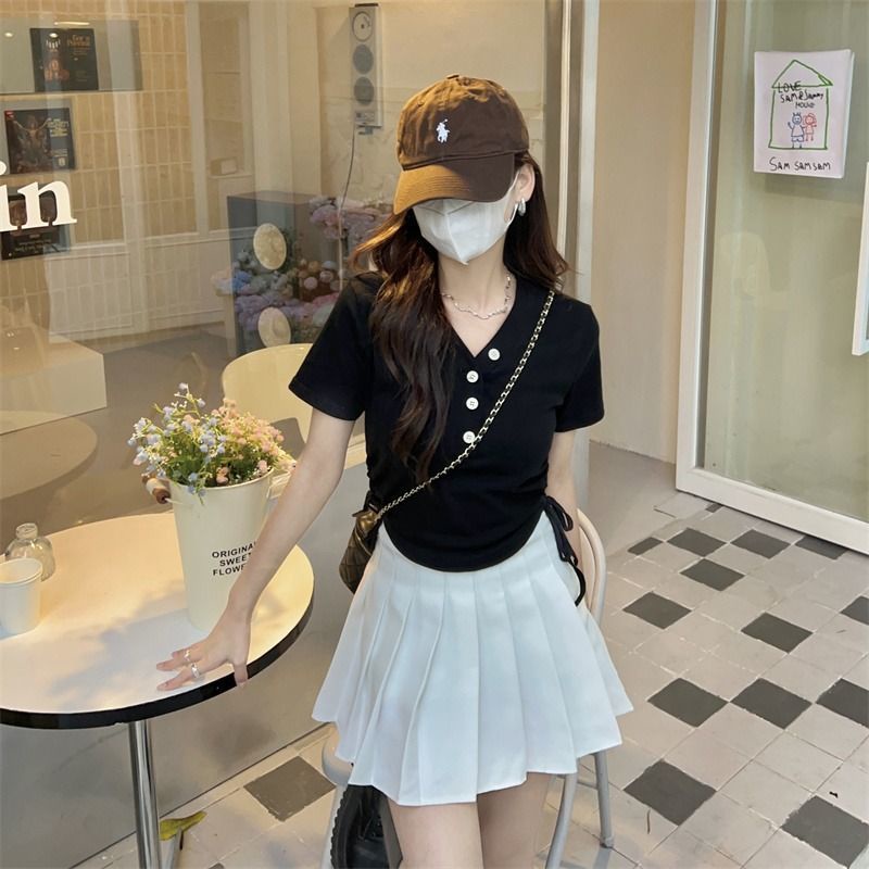 IELGY Áo Thun Tay Ngắn Cổ Chữ v Phối Dây Rút Thời Trang Cho Nữ