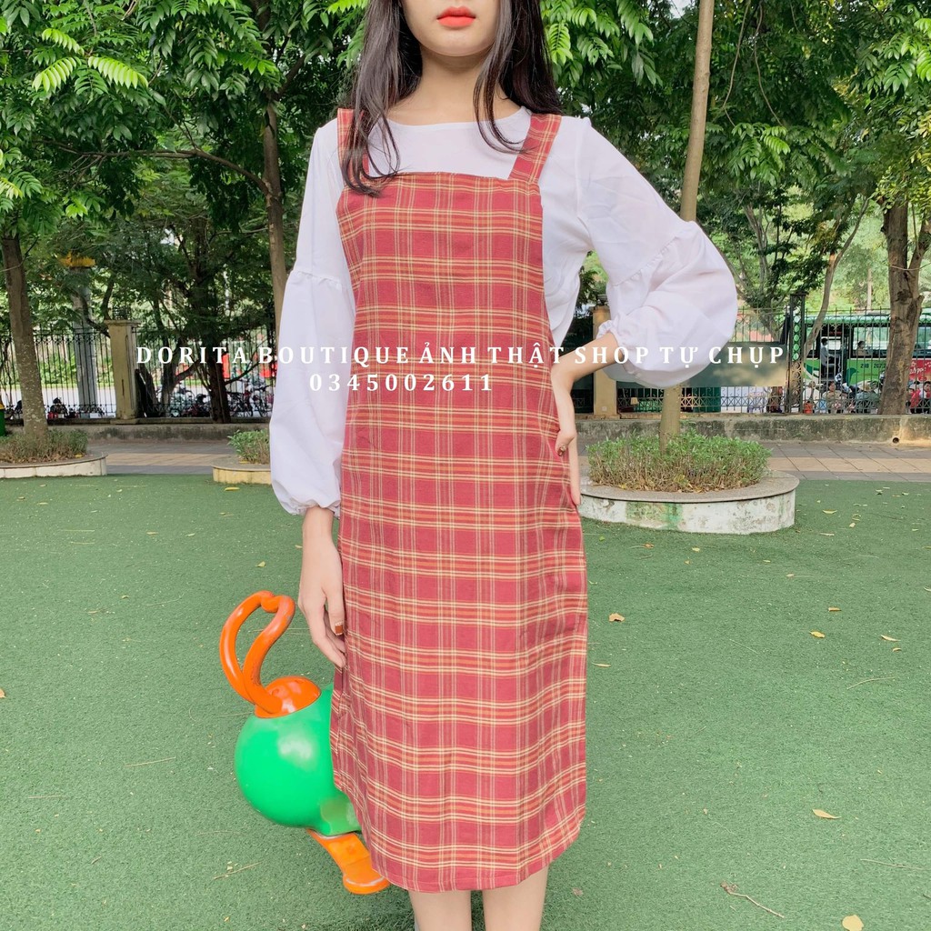 Set yếm kẻ ulzzang + áo voan tay bồng, Set váy caro ullzang - Dorita Boutique | BigBuy360 - bigbuy360.vn