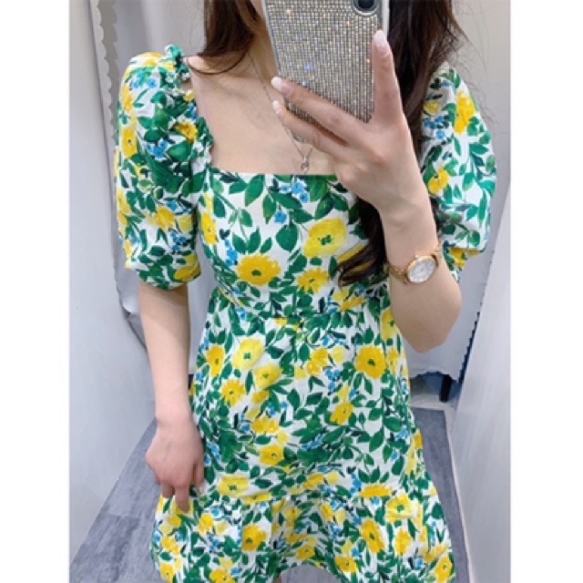 Đầm Zara hoạ tiết lá xanh hoa vàng màu rất đẹp, rạng rỡ DH1BTG4N8