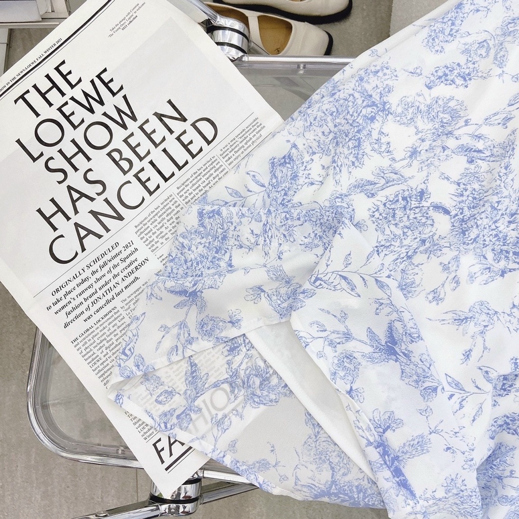 Đầm midi tùng xòe voan hoa xanh tay bồng NÀNG CLOSET