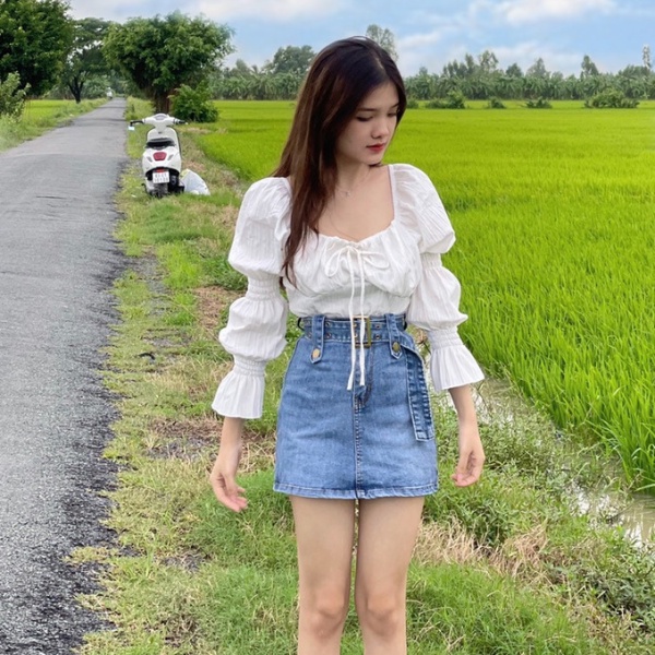 Áo kiểu tay dài cổ vuông cột nơ, áo trễ vai tay bồng ,áo bánh bèo babydoll chất đũi mềm siêu xinh PLA39