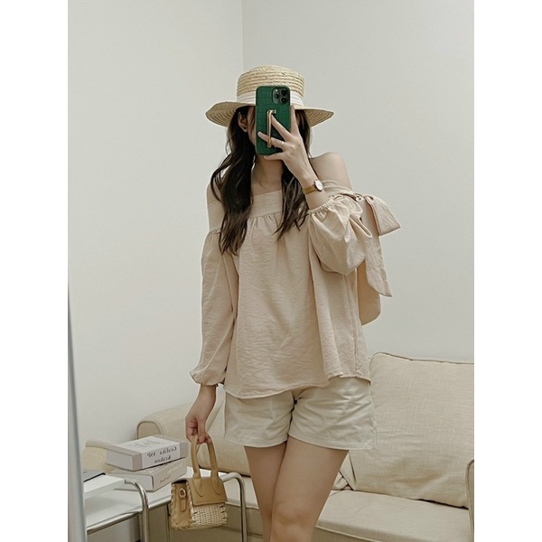 [Ảnh thật]Áo đũi trễ vai thắt nơ phong cách Ulzzang