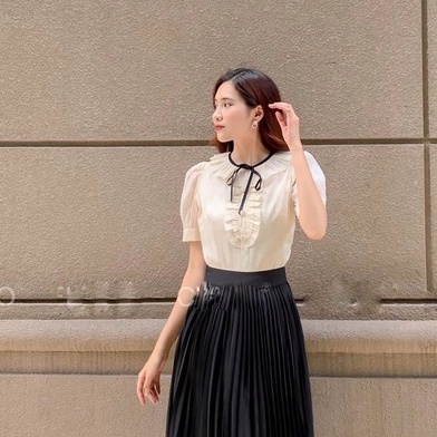 Áo sơ mi nữ công sở - áo sơ mi tơ óng cổ trụ viền bèo cúc đính đá nơ nhung 089