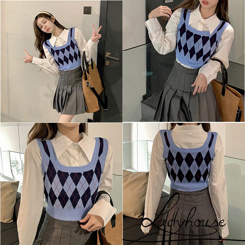 Áo Dệt Kim Không Tay Cổ Chữ U In Họa Tiết Kim Cương Hợp Thời Trang Cho Nữ