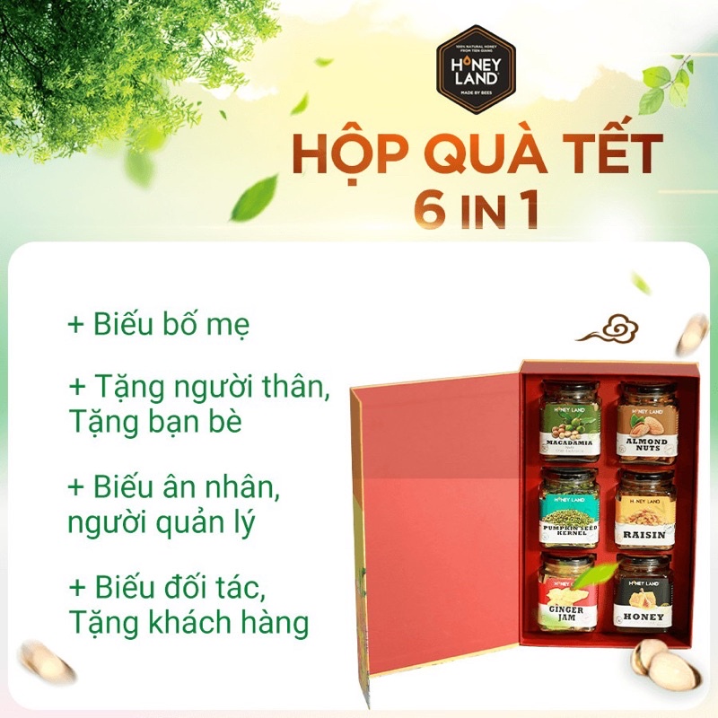 Hộp quà sức khỏe mật ong,trái mơ sấy dẻo,nhân hạt bí,hạnh nhân rang bơ,hạt macca,nho khô Honeyland