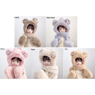Mũ Len trùm đầu cho bé, mũ kèm khăn choàng cổ và găng tay hình tai gấu đáng yêu cho bé trai và gái