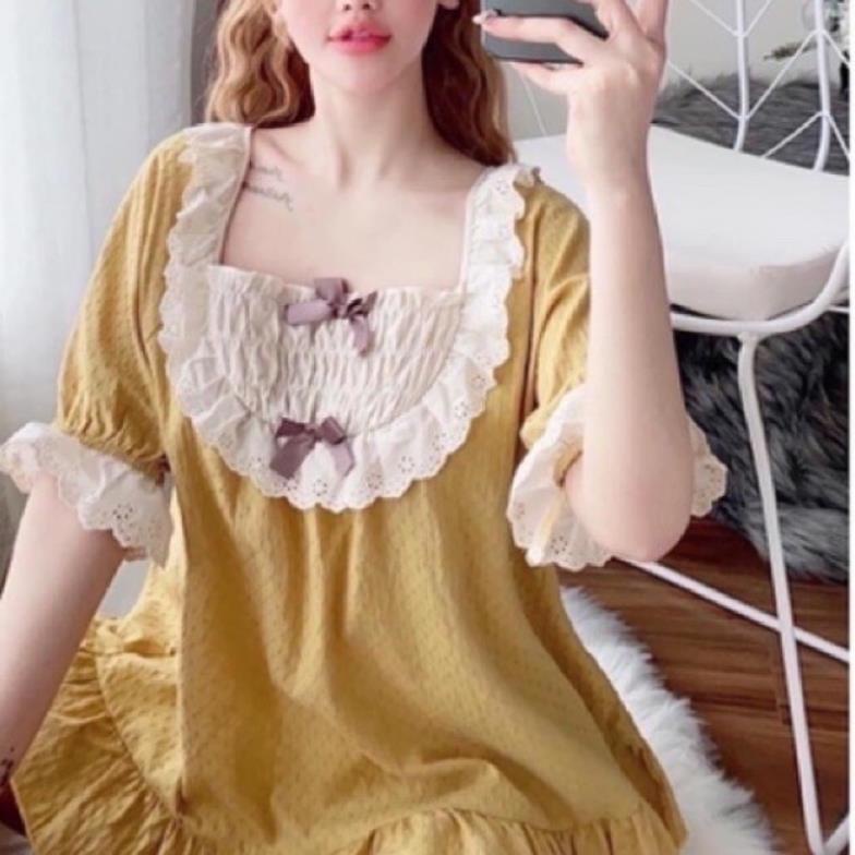 Bộ bầu mặc nhà  phối ren cùng chất đũi mềm mại, có chun rút điều chỉnh bụng THOẢI MÁI