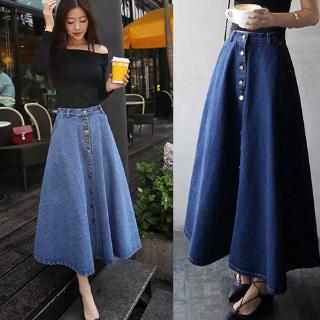 Chân váy denim dài một hàng nút