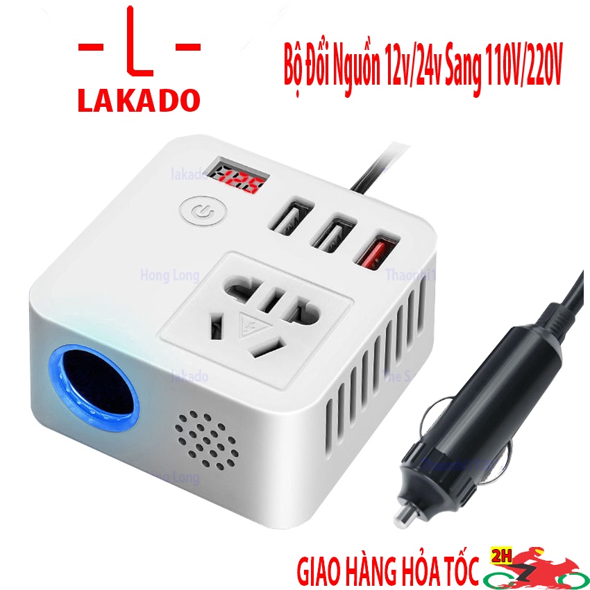 Bộ Chuyển Đổi Điện 60W 12V/24V Sang 110V/220V Cho Xe hơi LAKADO 3 cổng USB có sạc nhanh QC3.0