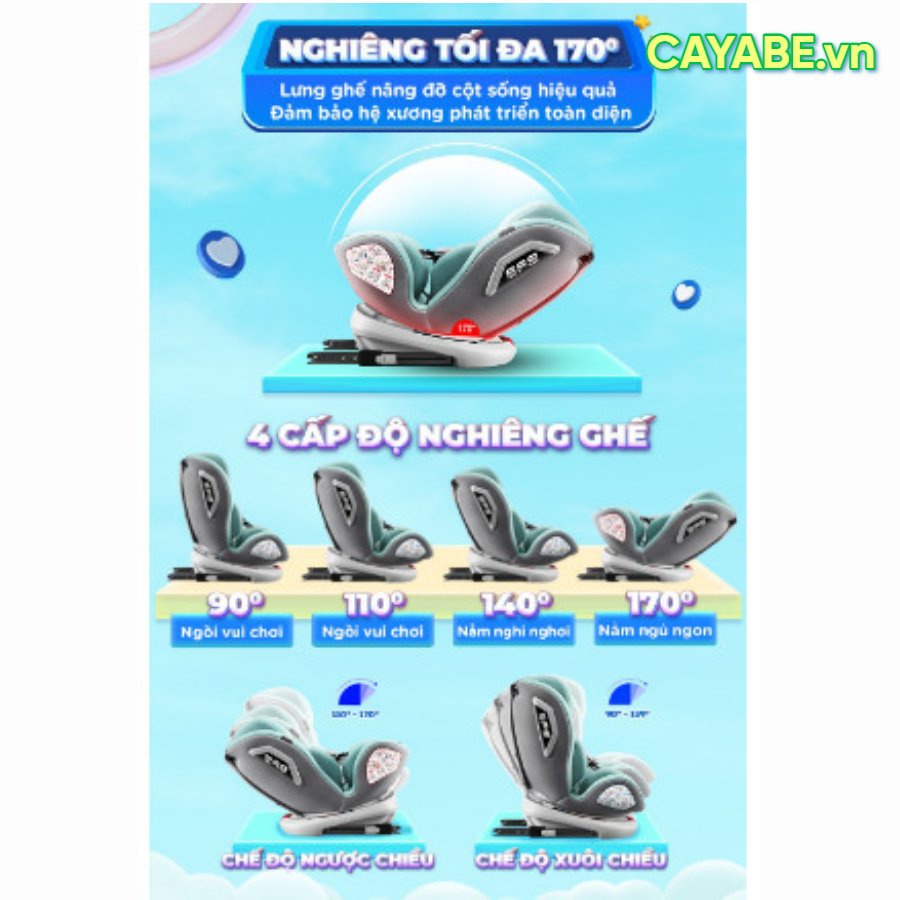 Ghế ngồi ô tô cho bé CHILUX ROY 360 chính hãng, an toàn màu xanh bọt biển - xanh mint - hồng (0-12 tuổi) - CAYABE