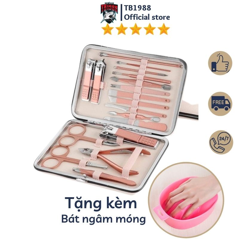 Bộ bấm móng tay, kiềm móng tay làm nail màu hồng 18 chi tiết (Tặng kèm bát ngâm móng cực xinh)