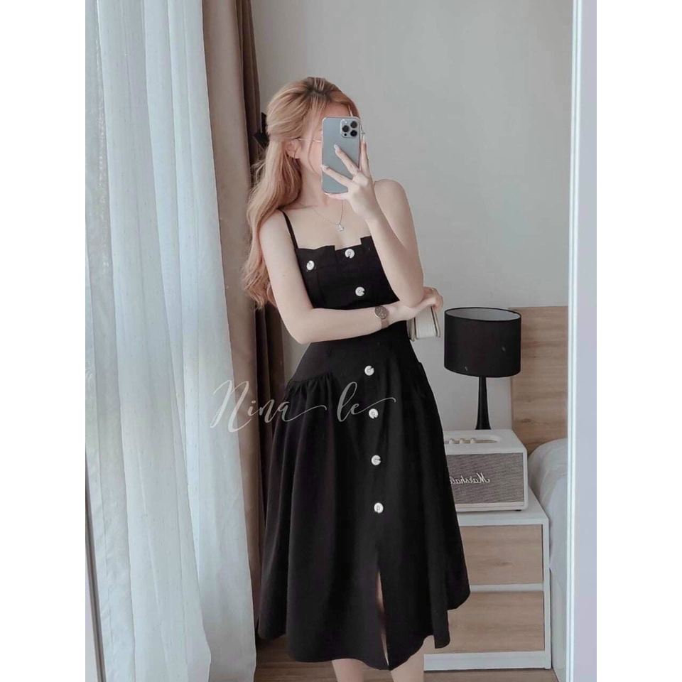 Đầm 2 dây dáng dài phối nút thật ChemMix thiết kế kiểu xòe siêu xinh cho nàng dạo phố, đi biển