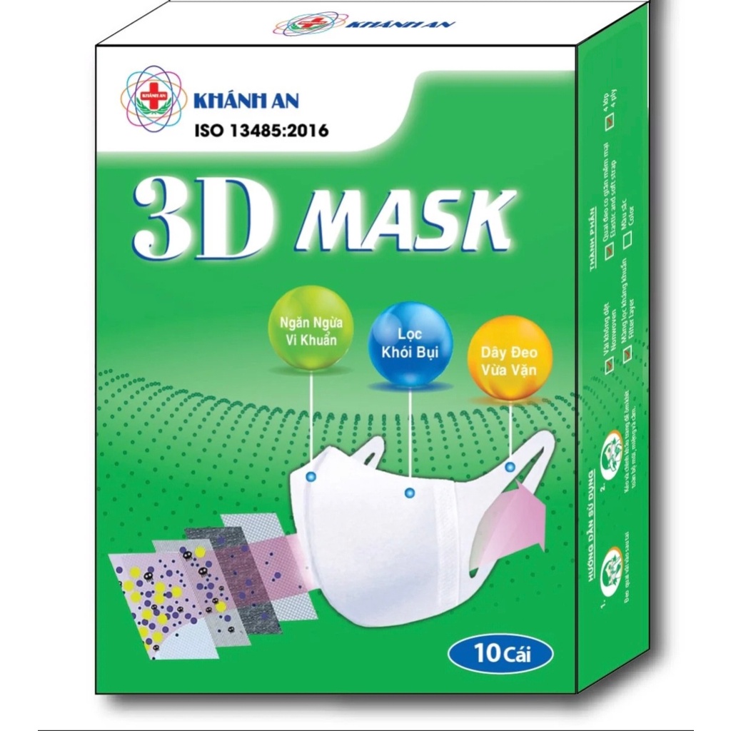 Khẩu trang y tế 3D Mask Khánh An quai vải- hộp 10 cái