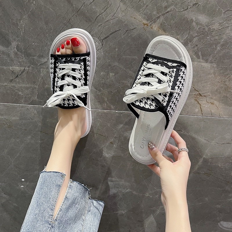 Dép quai ngang nữ dáng thể thao buộc dây mẫu mới, Dép buộc dây mùa hè nhiều họa tiết đế bánh mì cao 3cm yoyo shop