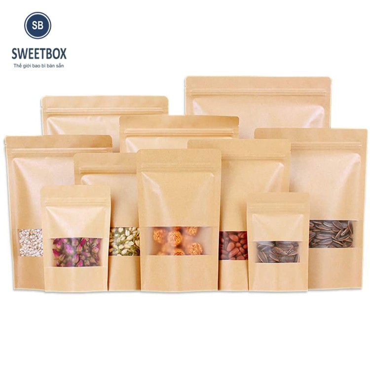 Combo 20 Túi Zip Giấy Kraft 20*30+5cm Đáy Đứng Có Cửa Sổ - Chống Thấm Nước