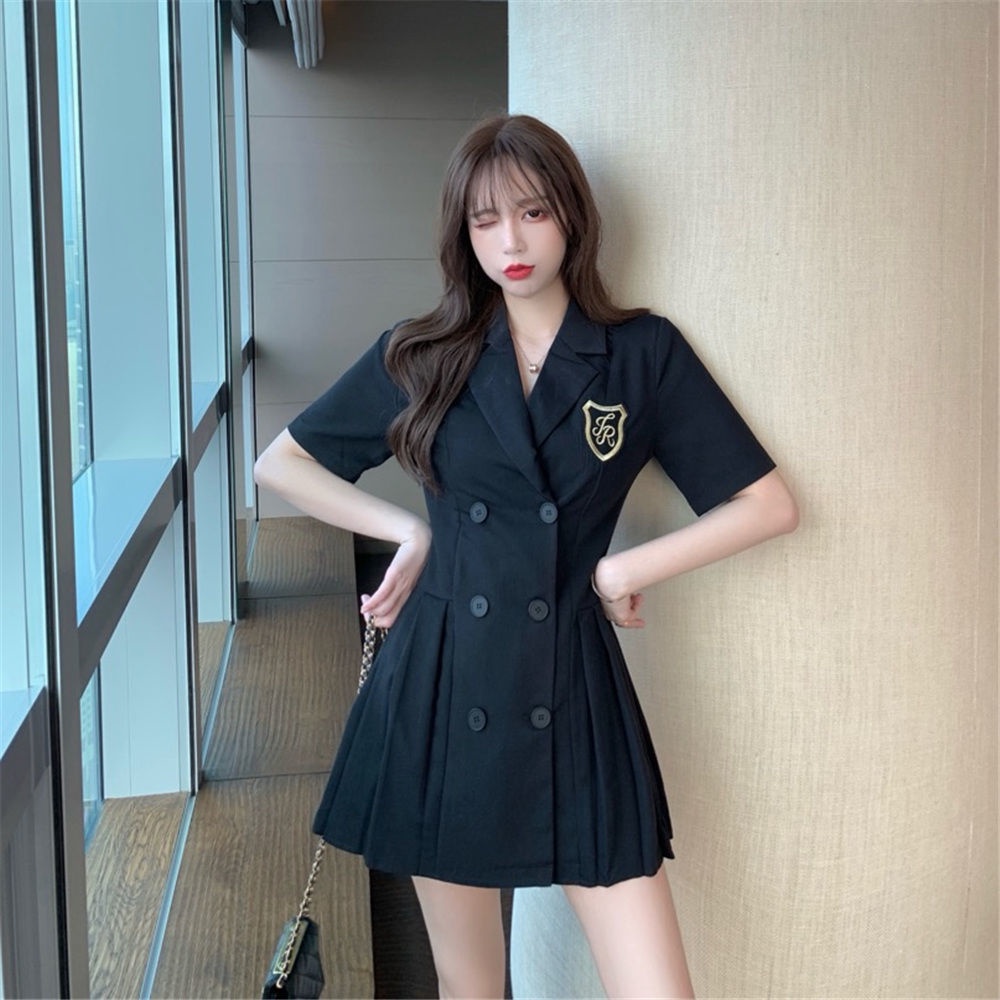 Chân váy ngắn xếp ly hai hàng nút màu đen thời trang mùa hè cho nữ