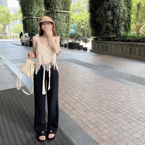 Áo dệt kim ZHELIHANGFEI 2 dây tua rua phong cách quyến rũ