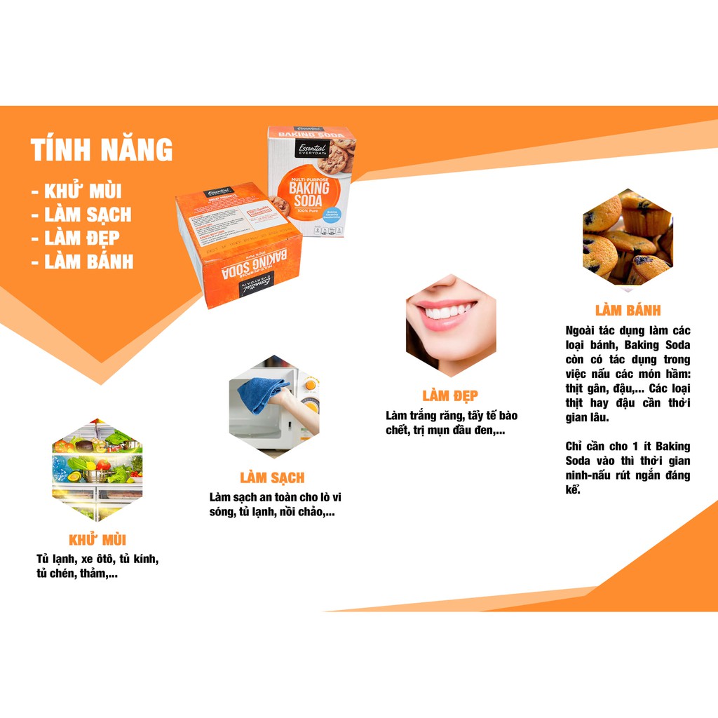 COMBO BAKING SODA ĐA NĂNG ESSENTIAL EVERYDAY NHẬP KHẨU MỸ ( 1 hộp giấy 454gr + 1 hộp nhựa 340gr)