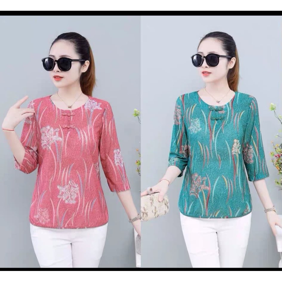 Áo hoa trung niên chất vải thun ladong Quảng Châu