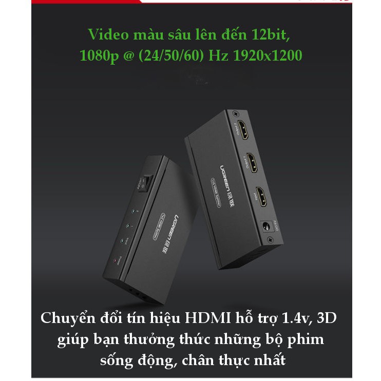 Bộ chia cổng HDMI 1 ra 2 Hỗ trợ full HD Chính hãng Ugreen 40201 Cao cấp_Hàng chính hãng bảo hành 18 tháng