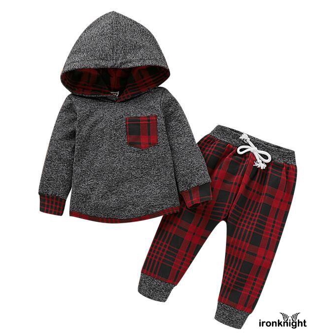 Bộ Áo Hoodie Dài Tay + Quần Dài Sọc Caro Cho Bé Trai