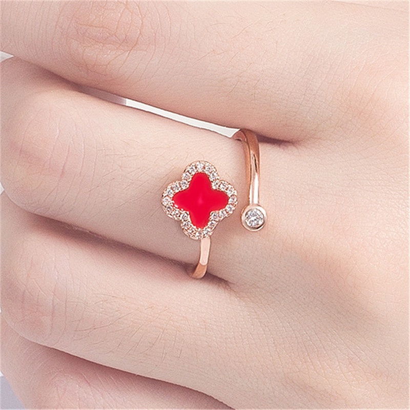 Nhẫn Mạ Bạc 925 Hình Cỏ Bốn Lá Đính Đá Zircon