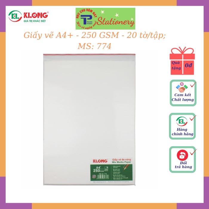 Giấy vẽ màu nước KLong A4 + 250 GSM - 25% cotton - 20 tờ/tập MS: 774