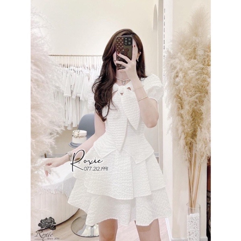 VÁY XỐP CỔ BUỘC NƠ TẦNG MIX CHÂN VÁY